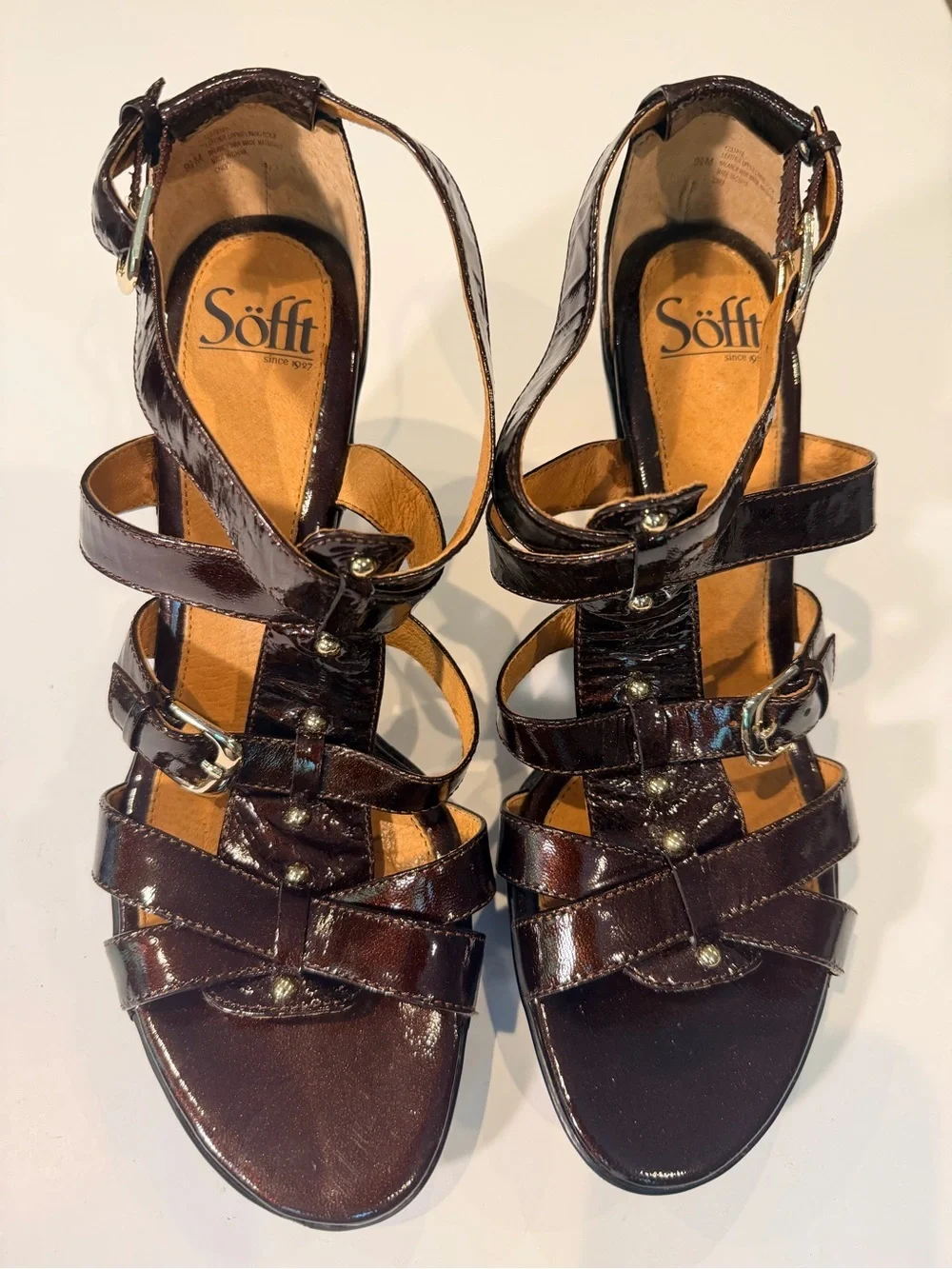 Women's Brown Strappy Patent Leather Sandals